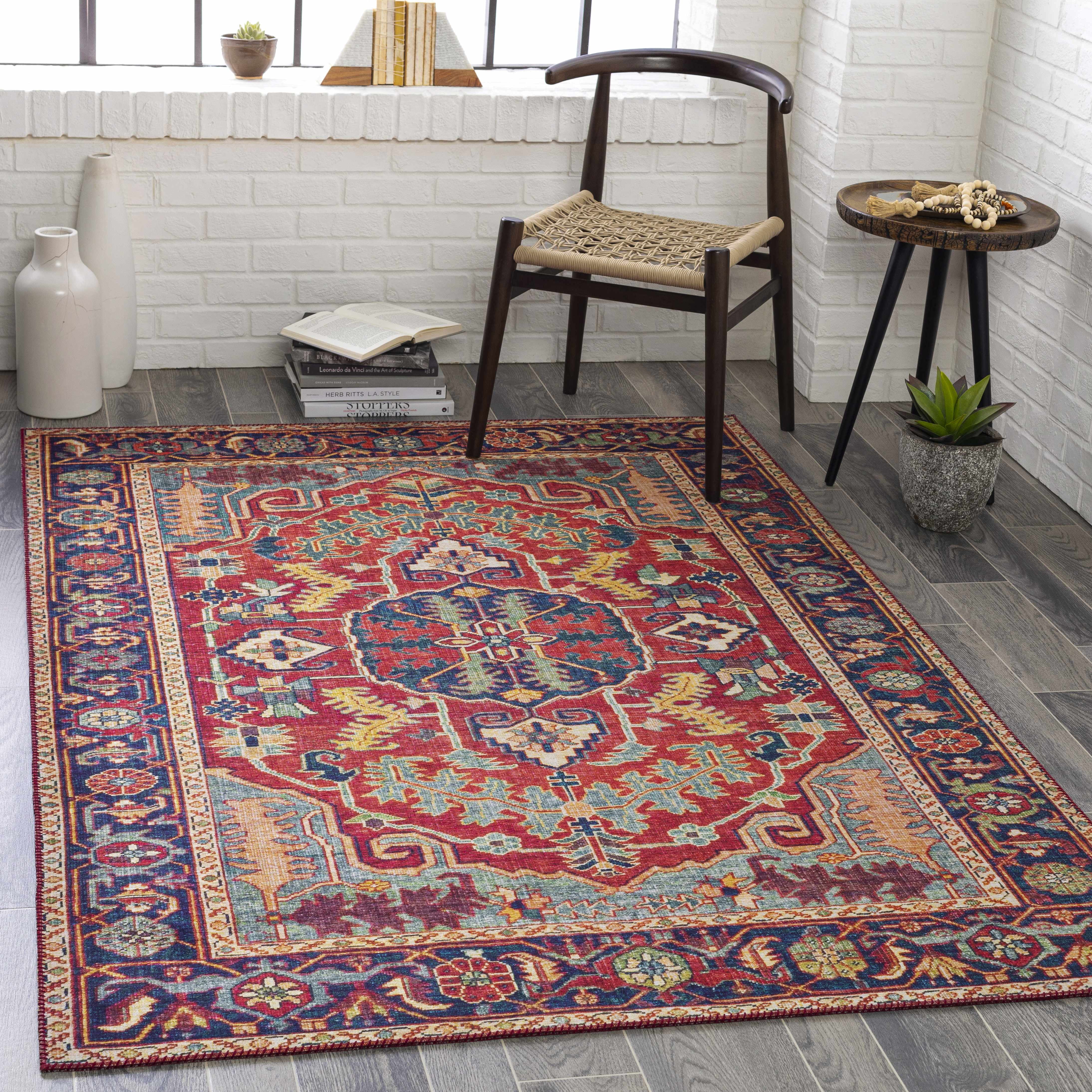 Lith Traditional Bright Red Synthetic Fur Rectangular Rug 3'6" x 5'6"