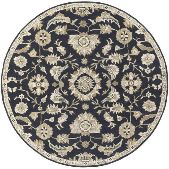 Mark&Day Wool Rugs, 4ft Round Caraquet Traditional Ink Area Rug, Black Beige Carpet for Living Room, Bedroom or Kitchen (4' Round)