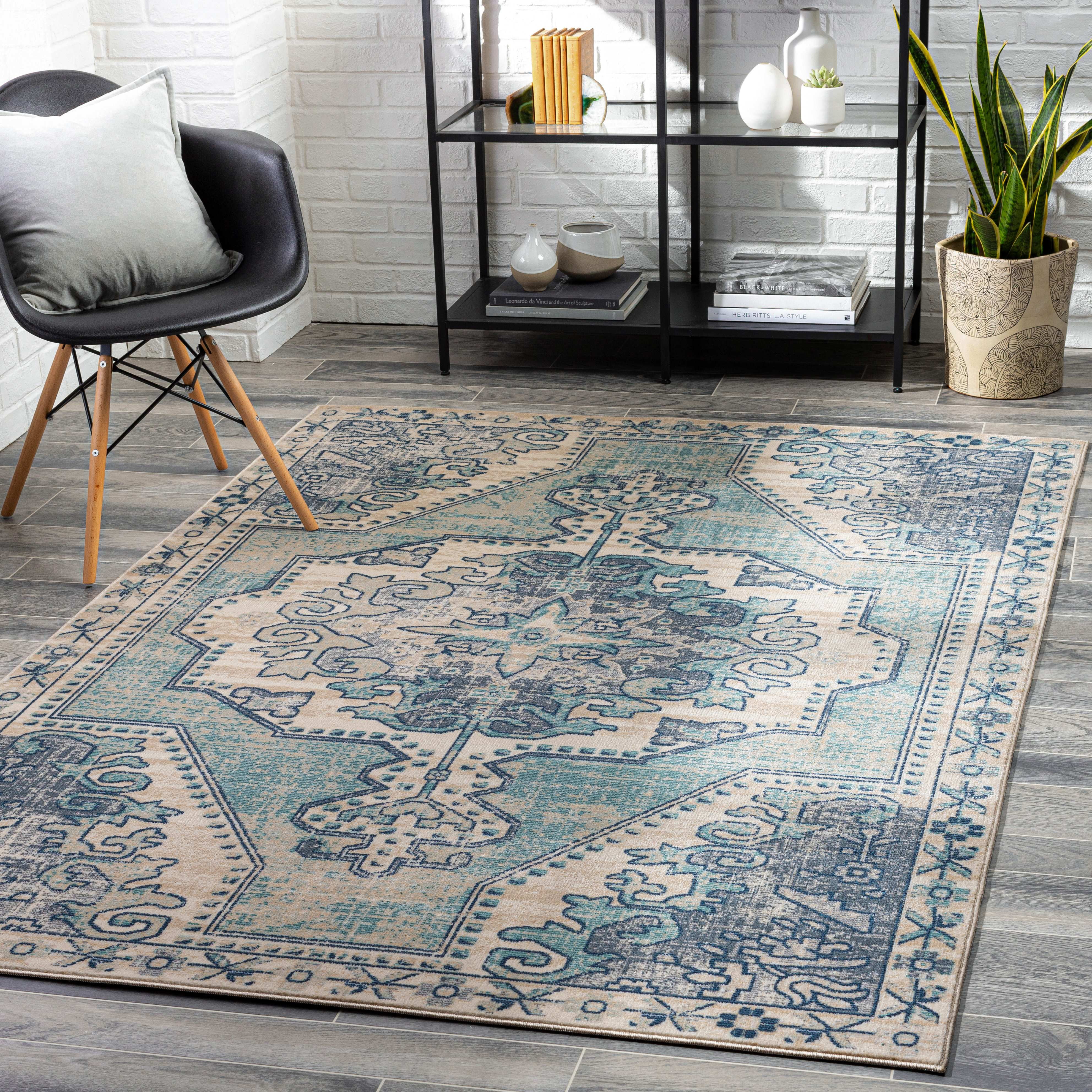 Mark&Day Area Rugs, 4x5 Henry Traditional Teal Area Rug, Blue Beige ...