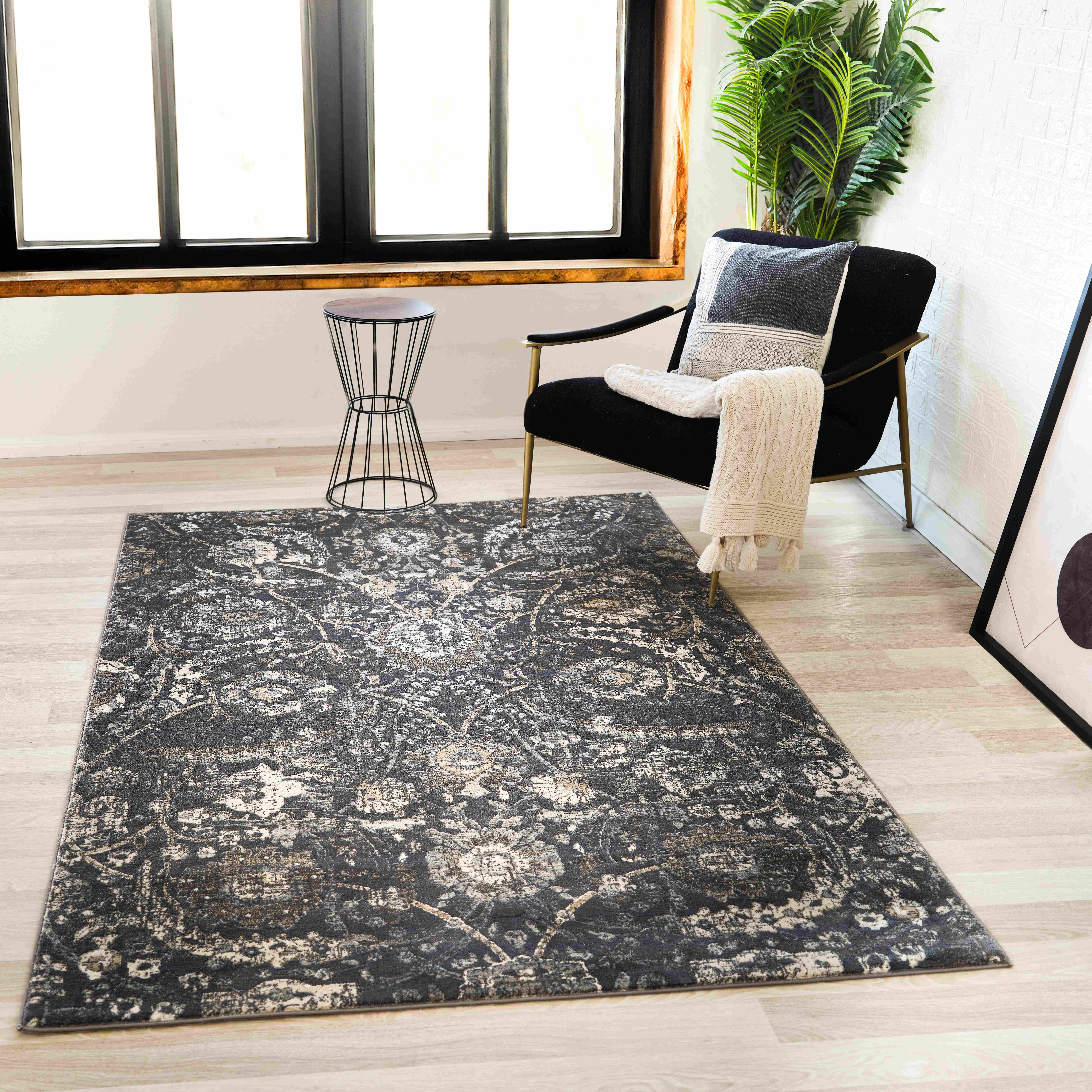 Avellino Round Hand-Knotted Black Synthetic Fur Area Rug, 51"