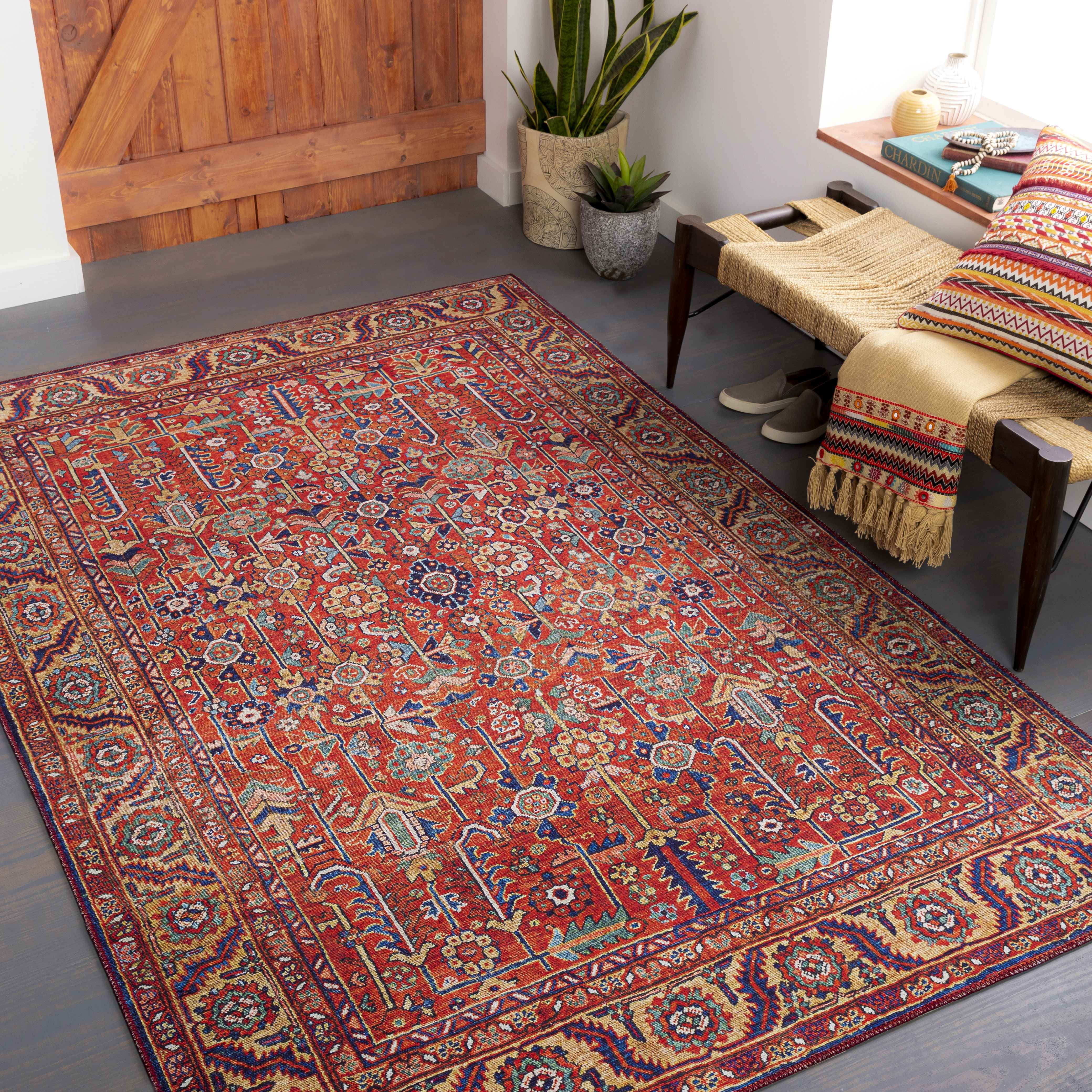 Loveren Bright Red Traditional Polyester Area Rug