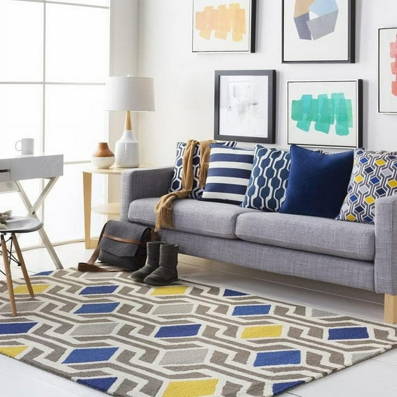 Mark&Day Wool Rugs, 5x7 Abruzzo Modern Charcoal Area Rug, Grey Yellow Blue Carpet for Living Room, Bedroom or Kitchen (5' x 7'6")