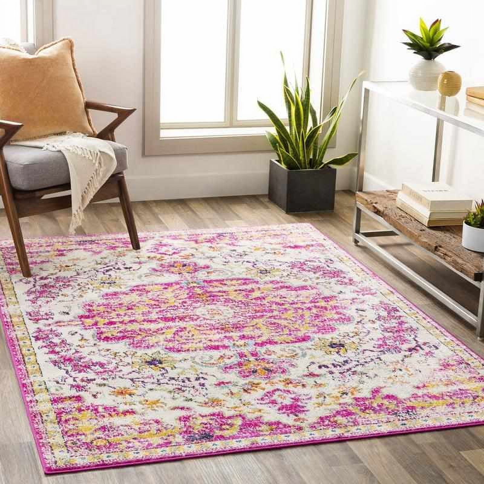 Achlum Bright Pink and Beige Synthetic Fur 5'3" x 7'1" Area Rug