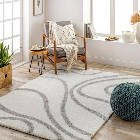Mark&Day Area Rugs, 5x7 Bouton Modern Shag Ivory Area Rug, Ivory Grey Carpet for Living Room, Bedroom or Kitchen (5'3" x 7')