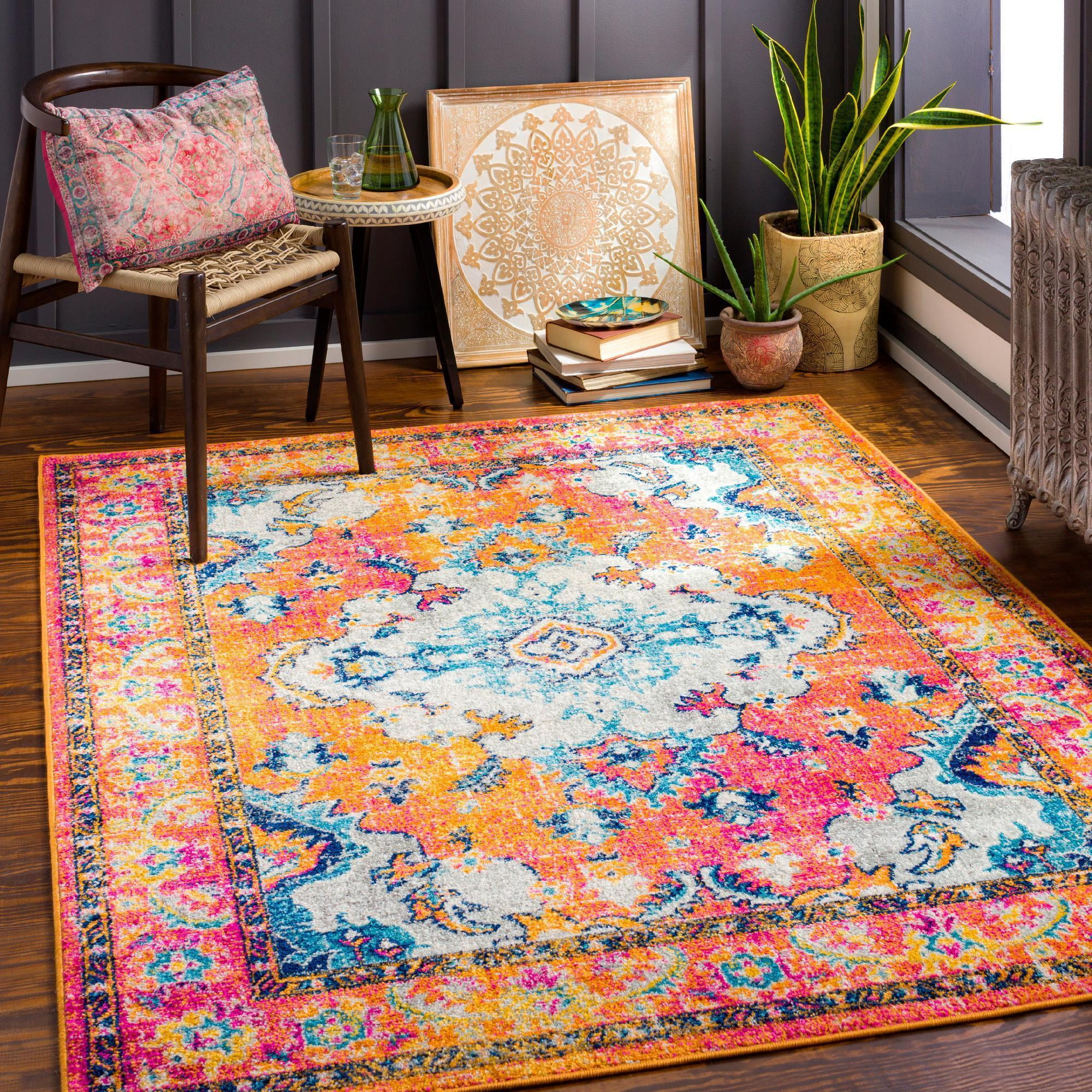 Bright Orange and Blue Traditional Wool Area Rug 5' x 7'