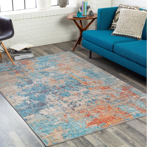 Mark&Day Area Rugs, 5x7 Lithoijen Modern Teal Area Rug, Blue Orange Grey Carpet for Living Room, Bedroom or Kitchen (5' x 7'6")
