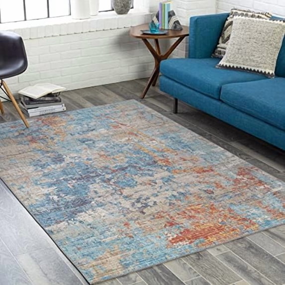 Mark&Day Area Rugs, 5x7 Lithoijen Modern Teal Area Rug, Blue Orange Grey Carpet for Living Room, Bedroom or Kitchen (5' x 7'6")
