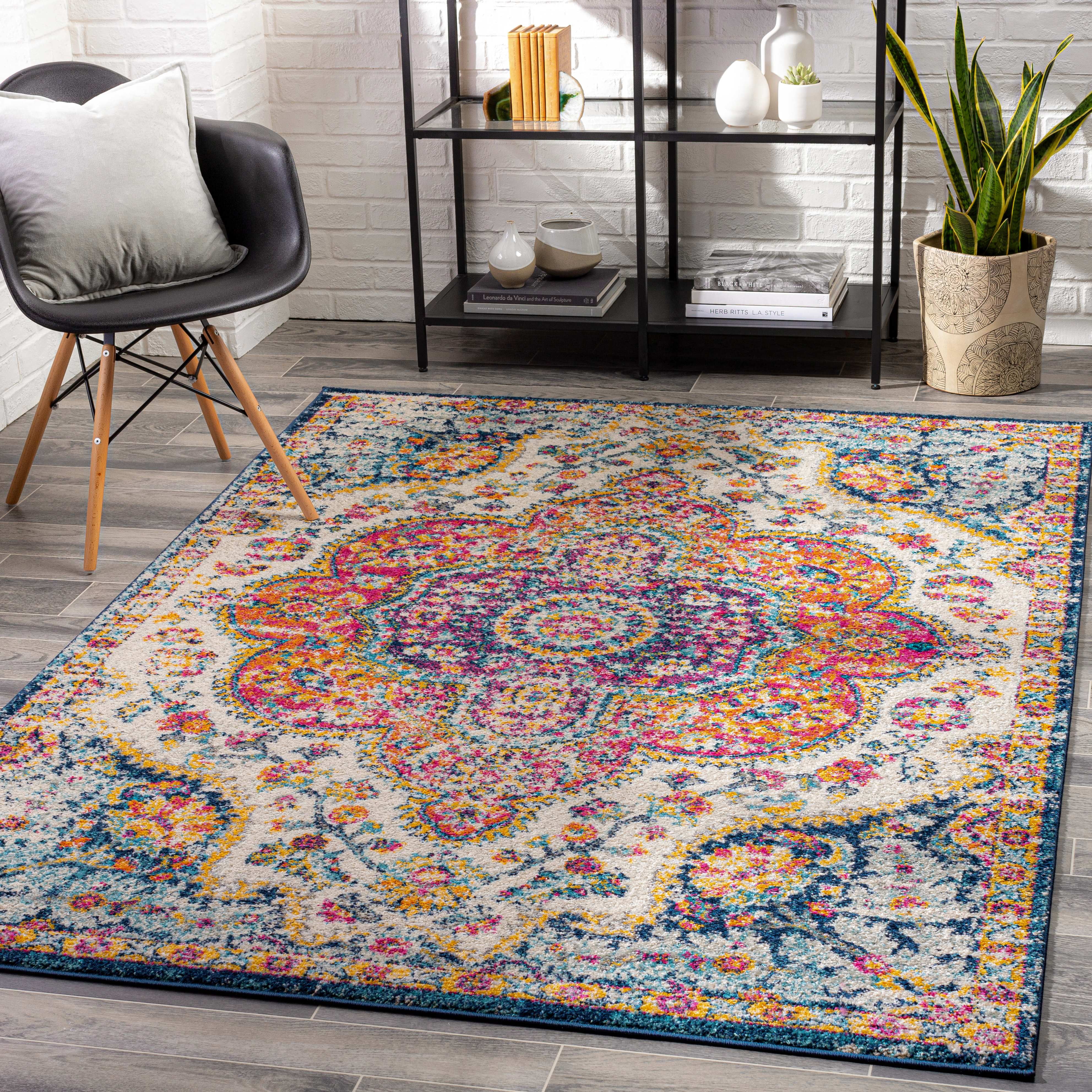 Lola Blue and Multicolor Synthetic Fur 5'3" x 7'6" Area Rug