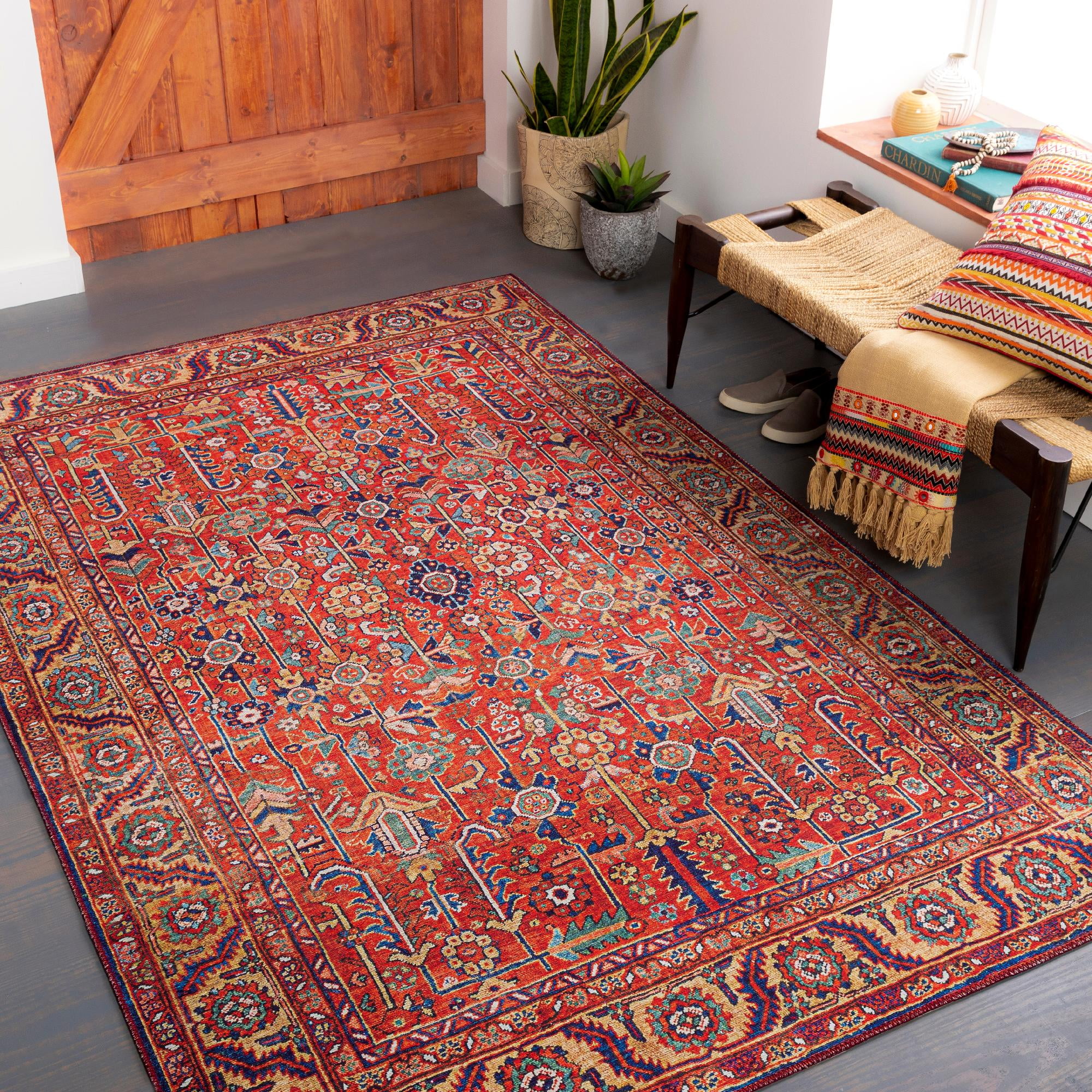 Loveren Bright Red Wool Traditional 5' x 7' Area Rug