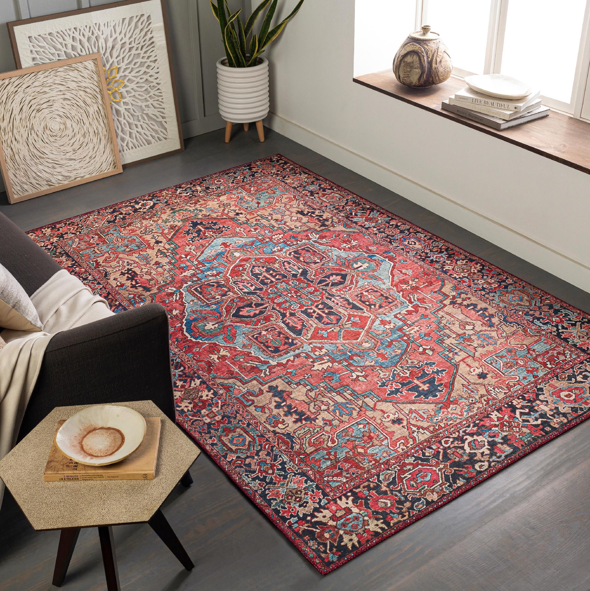 Traditional Bright Red and Navy Synthetic 5' x 7' Area Rug