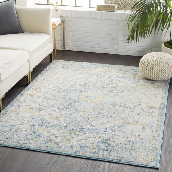 Mark&Day Area Rugs, 5x7 Olivia Traditional Ivory Cream/Teal/Yellow Area Rug, Blue Grey Beige Carpet for Living Room, Bedroom or Kitchen (5'3" x 7'3")