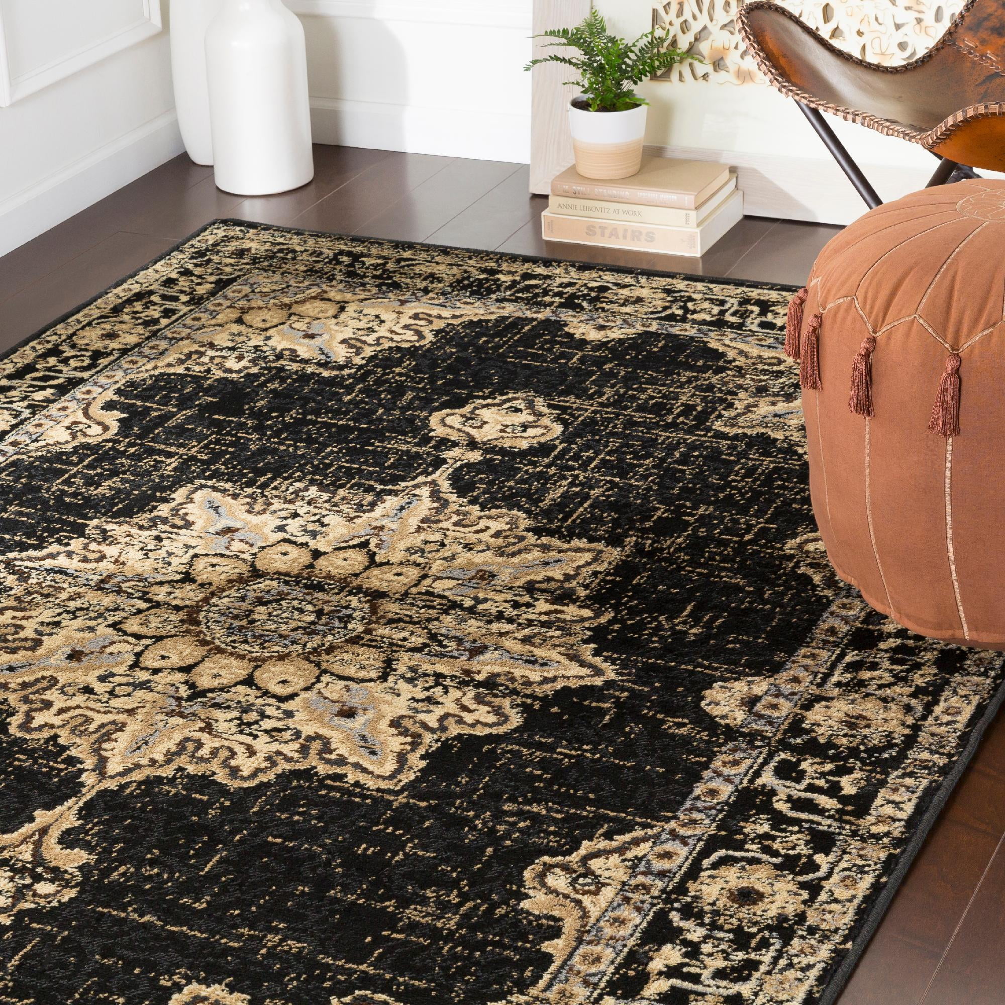 Pense Traditional Black and Beige Synthetic Fur Area Rug 5'3" x 7'9"