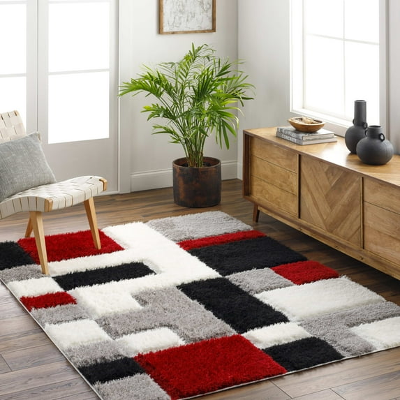 Mark&Day Area Rugs, 5x7 Satanta Modern Shag Bright Red/Black Area Rug, Red Black Ivory Carpet for Living Room, Bedroom or Kitchen (5'3" x 7')