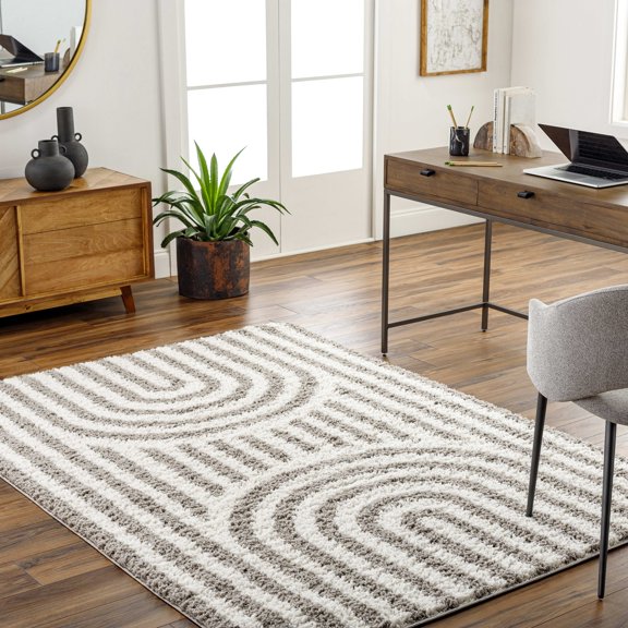 Mark&Day Area Rugs, 5x7 Toshiba Modern Shag Ivory/Dark Brown Area Rug, Ivory Brown Carpet for Living Room, Bedroom or Kitchen (5'3" x 7')
