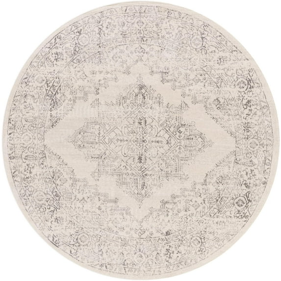 Mark&Day Area Rugs, 7ft Round Ulvend Traditional Cream Area Rug, White Grey Carpet for Living Room, Bedroom or Kitchen (6'7" Round)