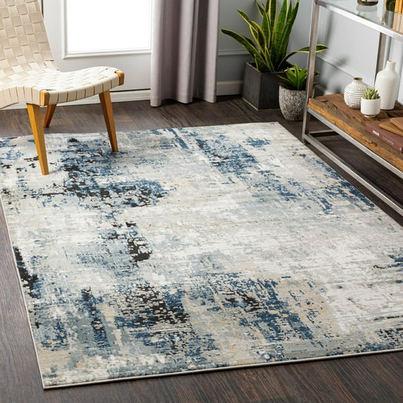 Mark&Day Area Rugs, 7x7 Vuren Modern Abstract Marble Denim Square Area Rug, Blue Beige Grey Marble Swirl Carpet for Living Room, Bedroom or Kitchen (6'7" Square)