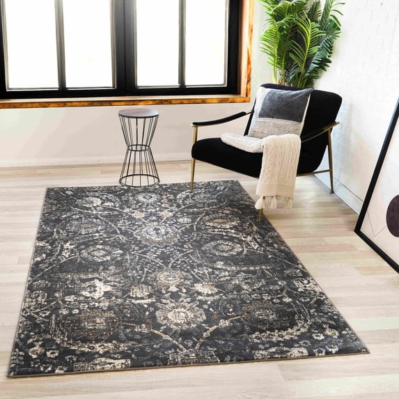 Mark&Day Area Rugs, 6x9 Avellino Traditional Black Area Rug, Black Beige Carpet for Living Room, Bedroom or Kitchen (6'7" x 9')