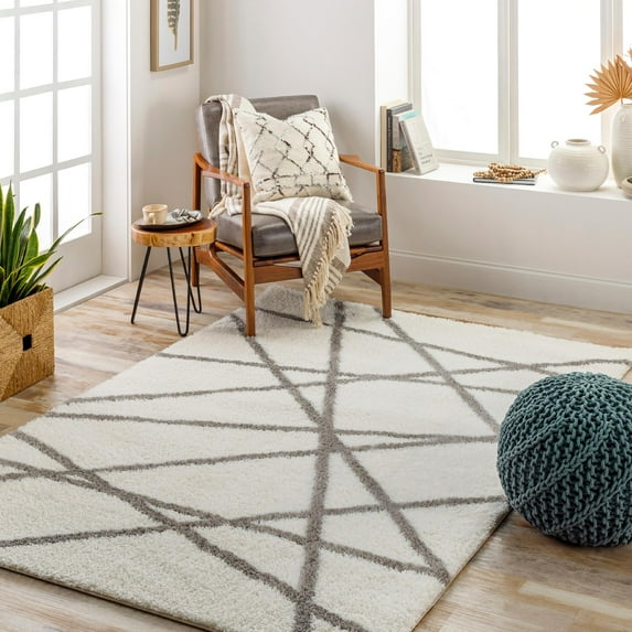 Mark&Day Area Rugs, 6x9 Briarwood Modern Shag Ivory Area Rug, Ivory Grey Carpet for Living Room, Bedroom or Kitchen (6'7" x 9')