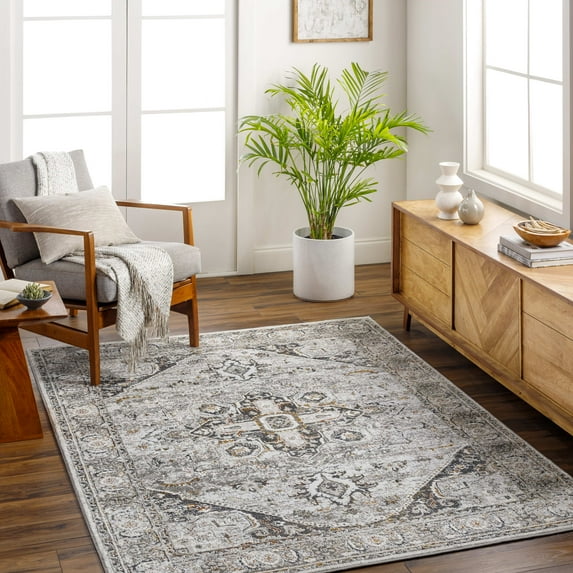 Mark&Day Area Rugs, 6x9 Jessyca Traditional Dark Brown/Silver Gray Area Rug, Brown Silver Orange Carpet for Living Room, Bedroom or Kitchen (6'7" x 9')
