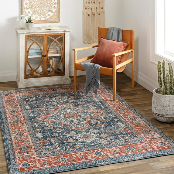 Mark&Day Area Rugs, 6x9 La Motte Traditional Dark Blue Area Rug, Blue Ivory Orange Carpet for Living Room, Bedroom or Kitchen (6'7" x 9')