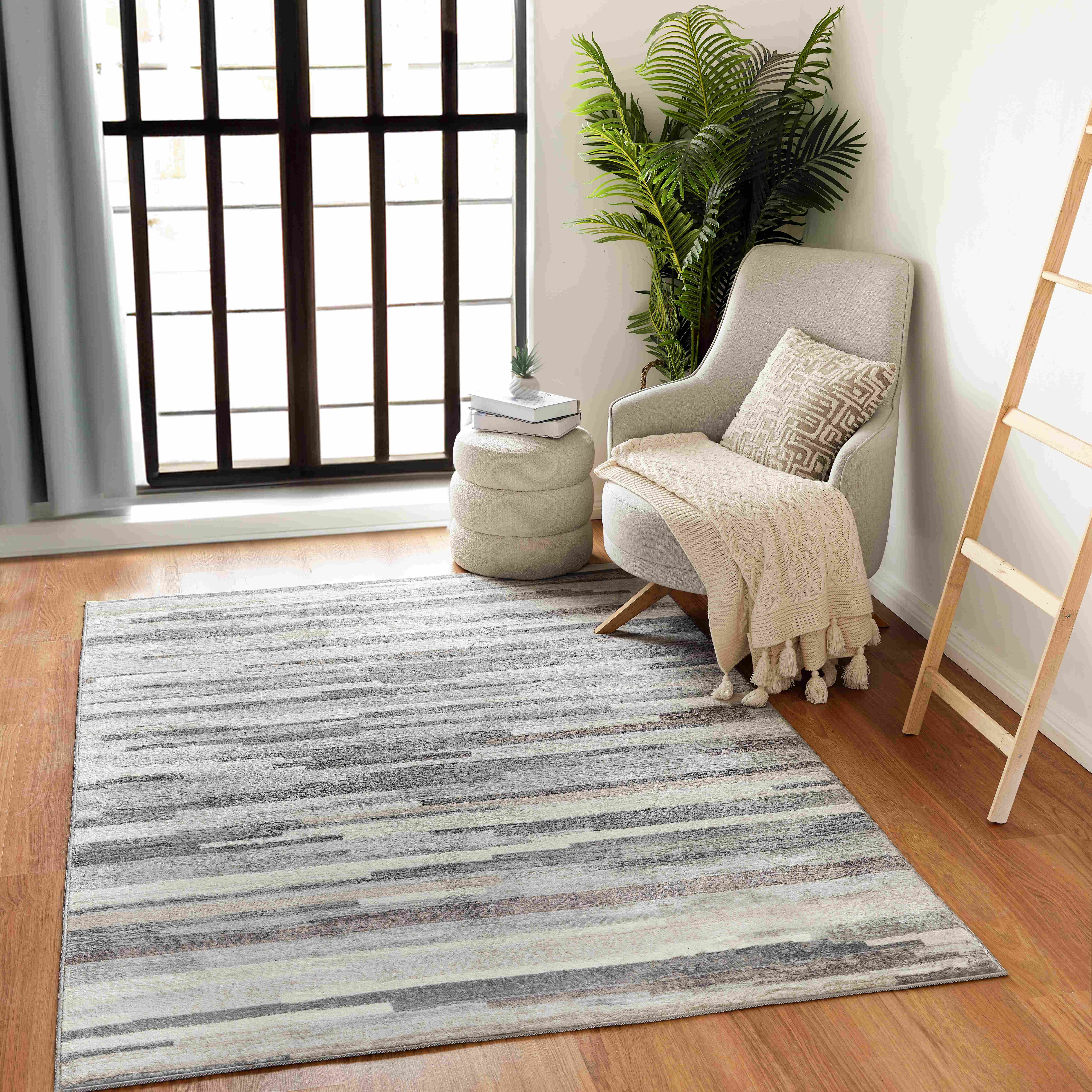 Modern Medium Gray and Tan Geometric Synthetic Area Rug, 6'7" x 9'
