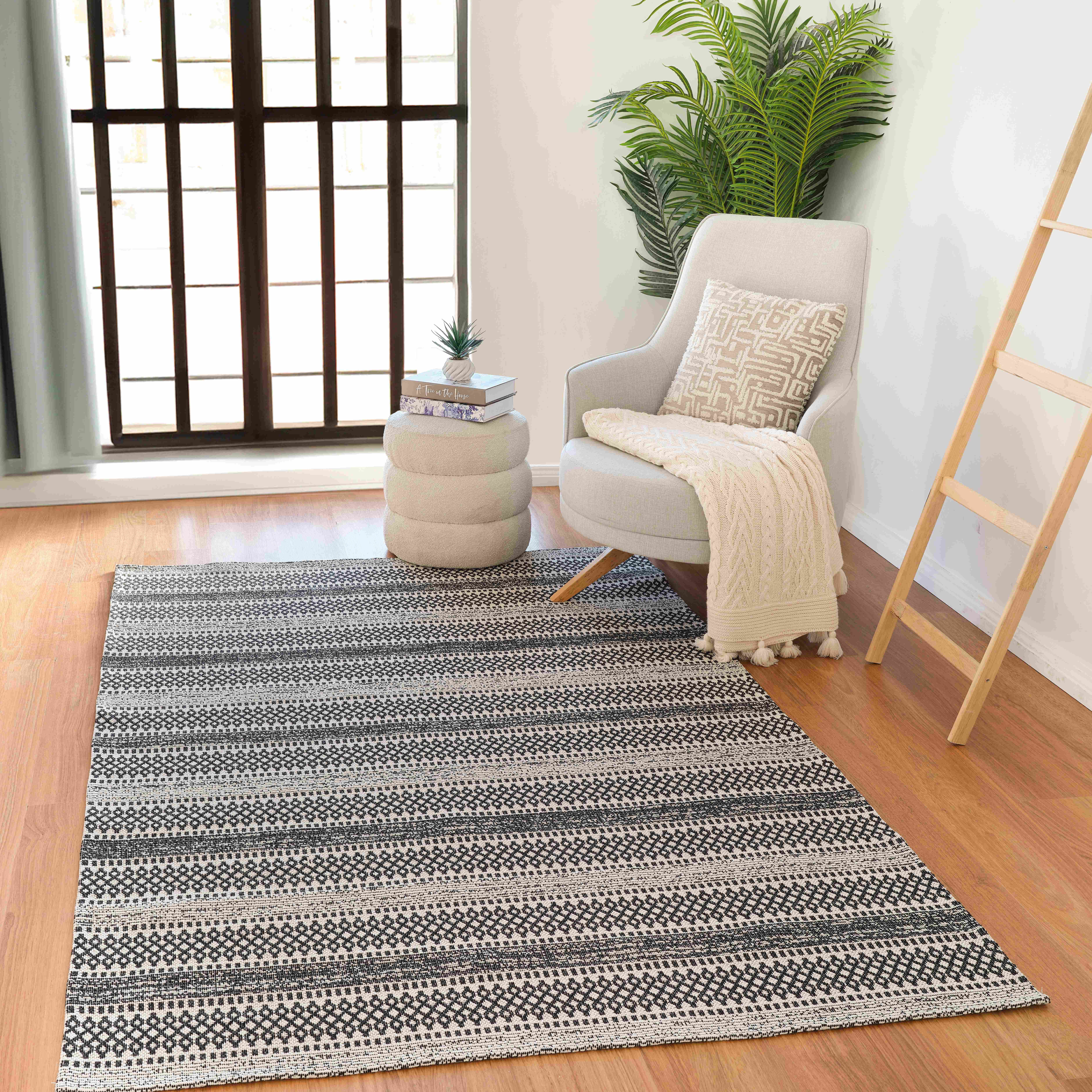 Hand-knotted Black and White Wool Cotton Stripe Area Rug 6'7" x 9'