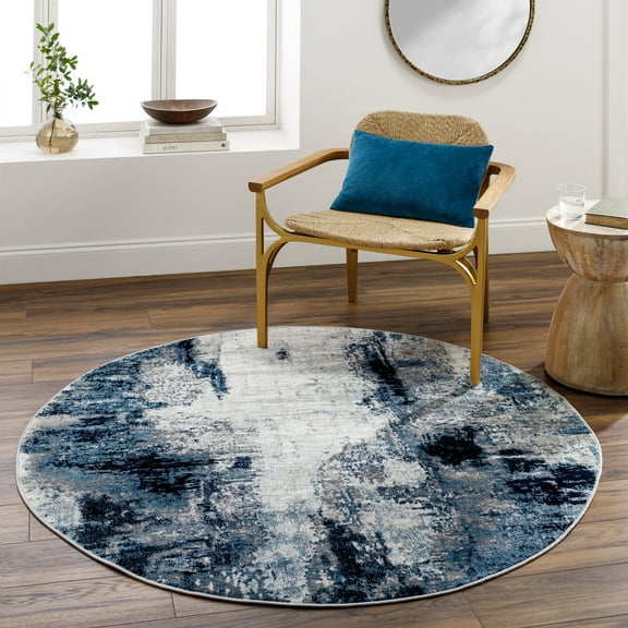 Mark&Day Area Rugs, 7ft Round Dole Modern Abstract Marble Aqua/Navy Round Area Rug, Blue Grey White Marble Swirl Carpet for Living Room, Bedroom or Kitchen (6'7" Round)