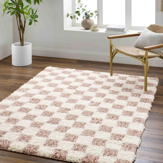 Mark&Day Area Rugs, 7x9 Bondurant Modern Shag Dusty Pink Checkered Rug, Cream Pink Carpet for Living Room, Bedroom or Kitchen (6'7" x 9'6")
