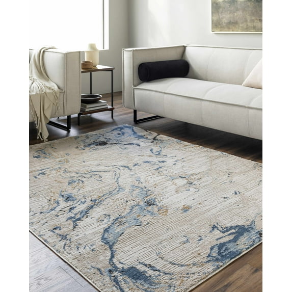 Mark&Day Area Rugs, 7x9 Illiam Modern Abstract Marble Blue Area Rug, Beige Blue Ivory Marble Swirl Carpet for Living Room, Bedroom or Kitchen (6'7" x 9')