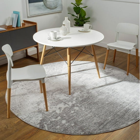 Mark&Day Area Rugs, 8ft Round Le Robert Modern Abstract Marble Silver Gray Round Area Rug, White Grey Marble Swirl Carpet for Living Room, Bedroom or Kitchen (7'10" Round)