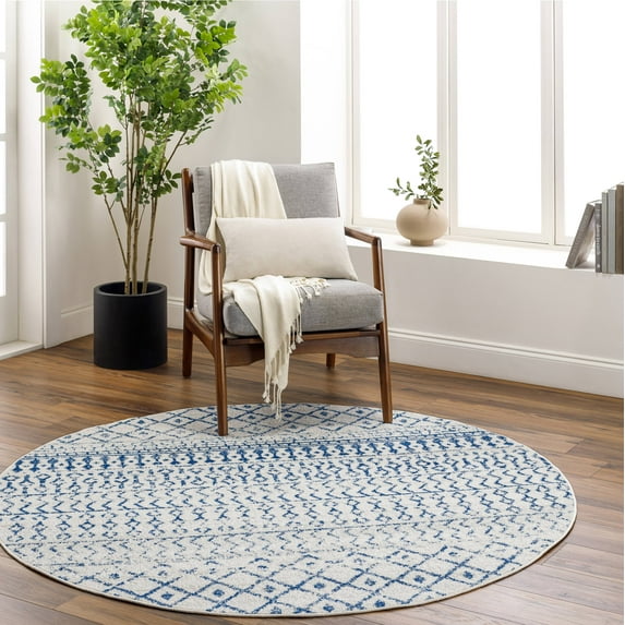 Mark&Day Area Rugs, 8ft Round Louise Global Denim Area Rug, Cream Dark Blue Slate Carpet for Living Room, Bedroom or Kitchen (7'10" Round)