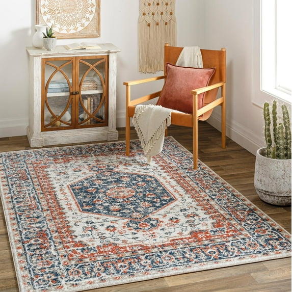 Mark&Day Area Rugs, 8x10 Ladora Traditional Dark Blue Area Rug, Blue Ivory Orange Carpet for Living Room, Bedroom or Kitchen (7'10" x 10')