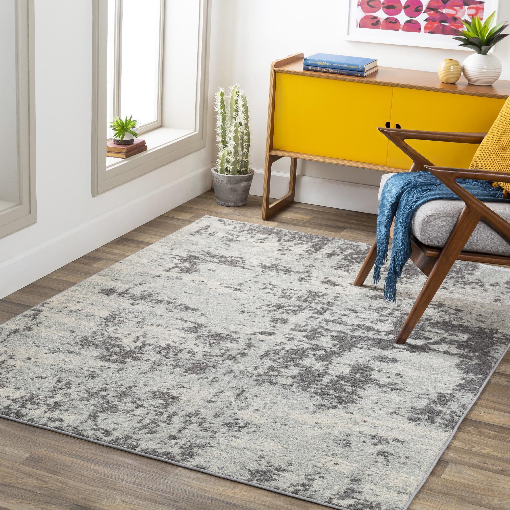 Gray and White Abstract Tufted Round Synthetic Rug