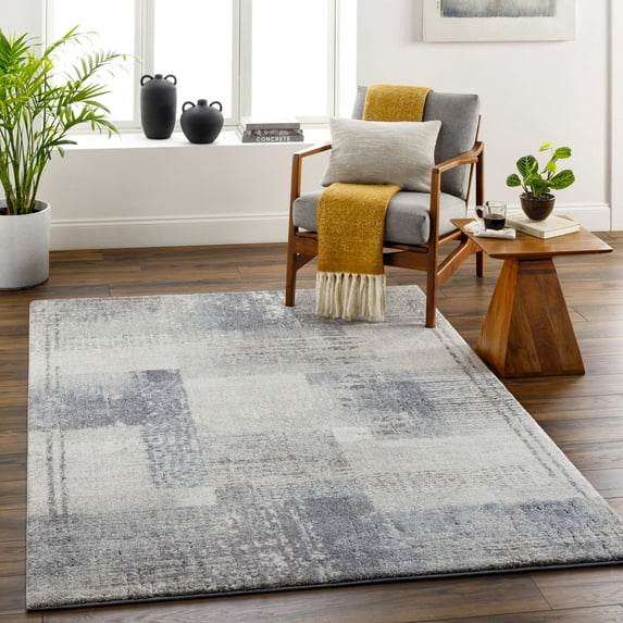 Mark&Day Area Rugs, 8x8 Amrit Modern Abstract Marble Shag Off-White/Charcoal Square Area Rug, Off-White Grey Marble Swirl Carpet for Living Room, Bedroom or Kitchen (7'10" Square)