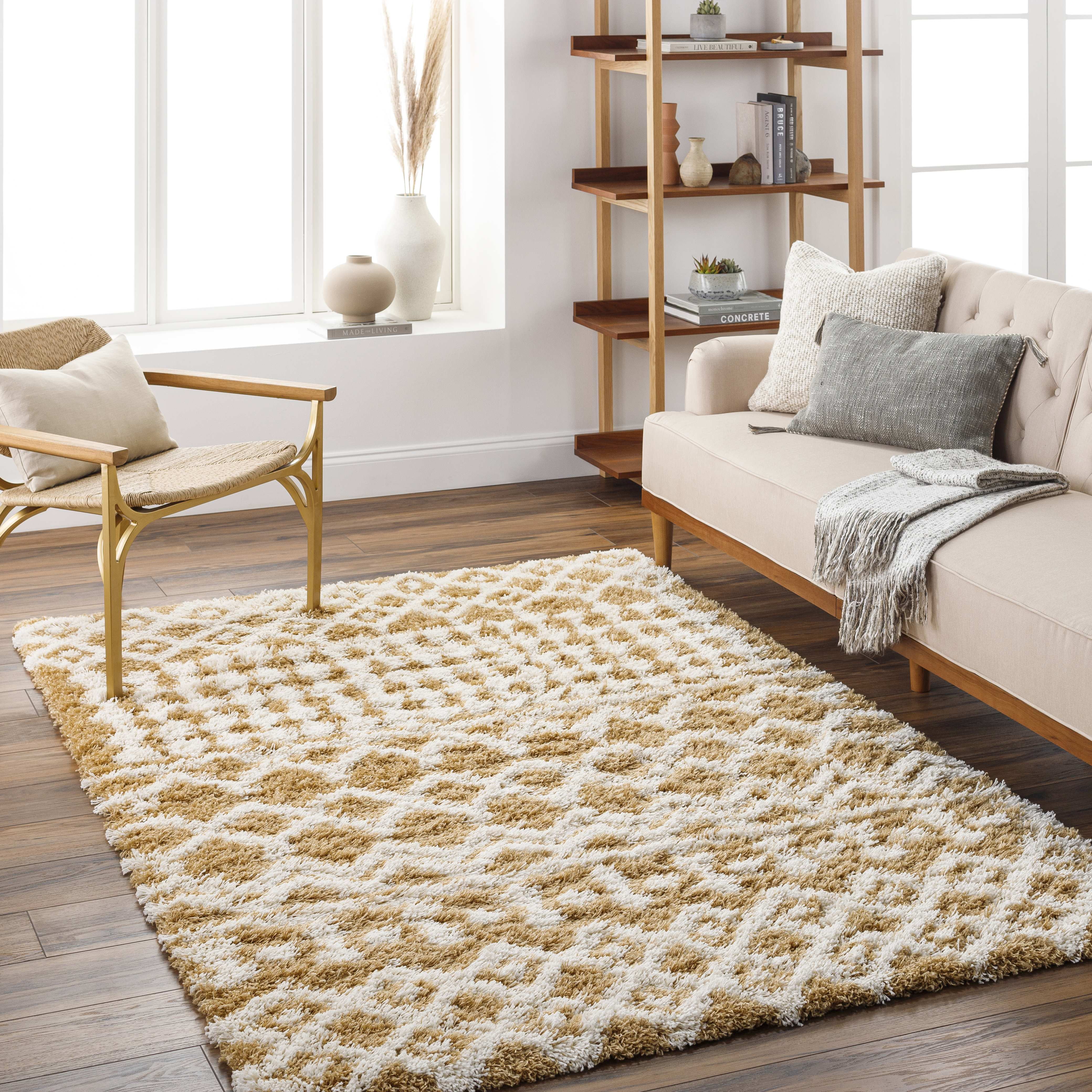Camel and White Synthetic Fur Bohemian Rectangle Rug 9' x 12'