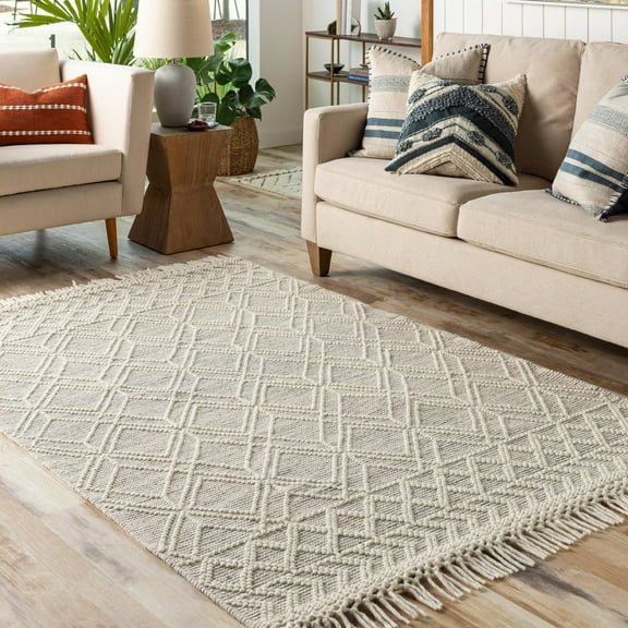 Mark&Day Wool Rugs, 9x12 Zionsville Global Beige Area Rug, Cream Black Carpet for Living Room, Bedroom or Kitchen (9' x 12')