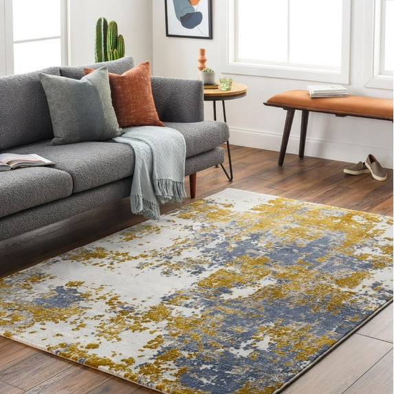 Mark&Day Area Rugs, 9x13 Knott Modern Navy Area Rug, Blue Ivory Yellow Carpet for Living Room, Bedroom or Kitchen (9'2" x 12'9")