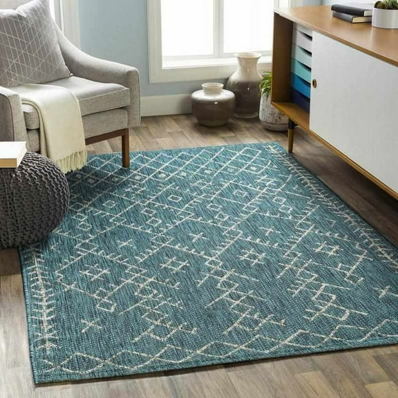 Mark&Day Outdoor Rugs, 3x10 Wijnaldum Global Indoor/Outdoor Aqua Runner Area Rug, Non Shedding Blue White Carpet for Patio, Porch, Deck, Bedroom, Living Room or Kitchen (2'7" x 10' Runner)