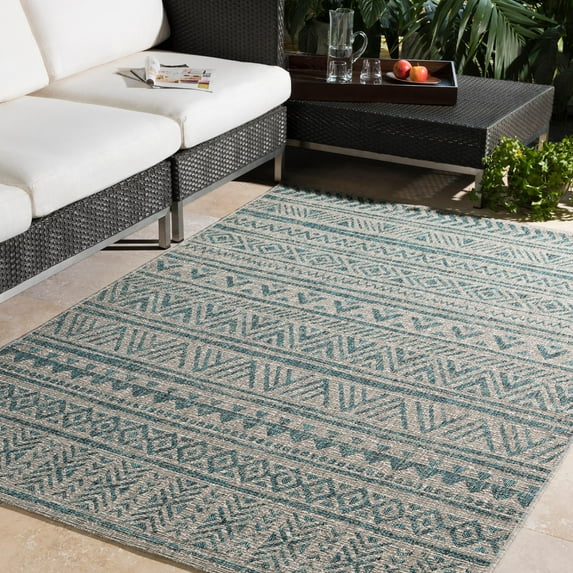 Mark&Day Outdoor Rugs, 4x6 Elodie Global Indoor/Outdoor Aqua Area Rug, Non Shedding Blue White Taupe Carpet for Patio, Porch, Deck, Bedroom, Living Room or Kitchen (4'3" x 5'11")