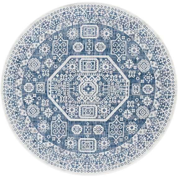 Mark&Day Outdoor Rugs, 5ft Round Marum Global Indoor/Outdoor Navy Area Rug, Non Shedding Blue Grey White Carpet for Patio, Porch, Deck, Bedroom, Living Room or Kitchen (5'3" Round)