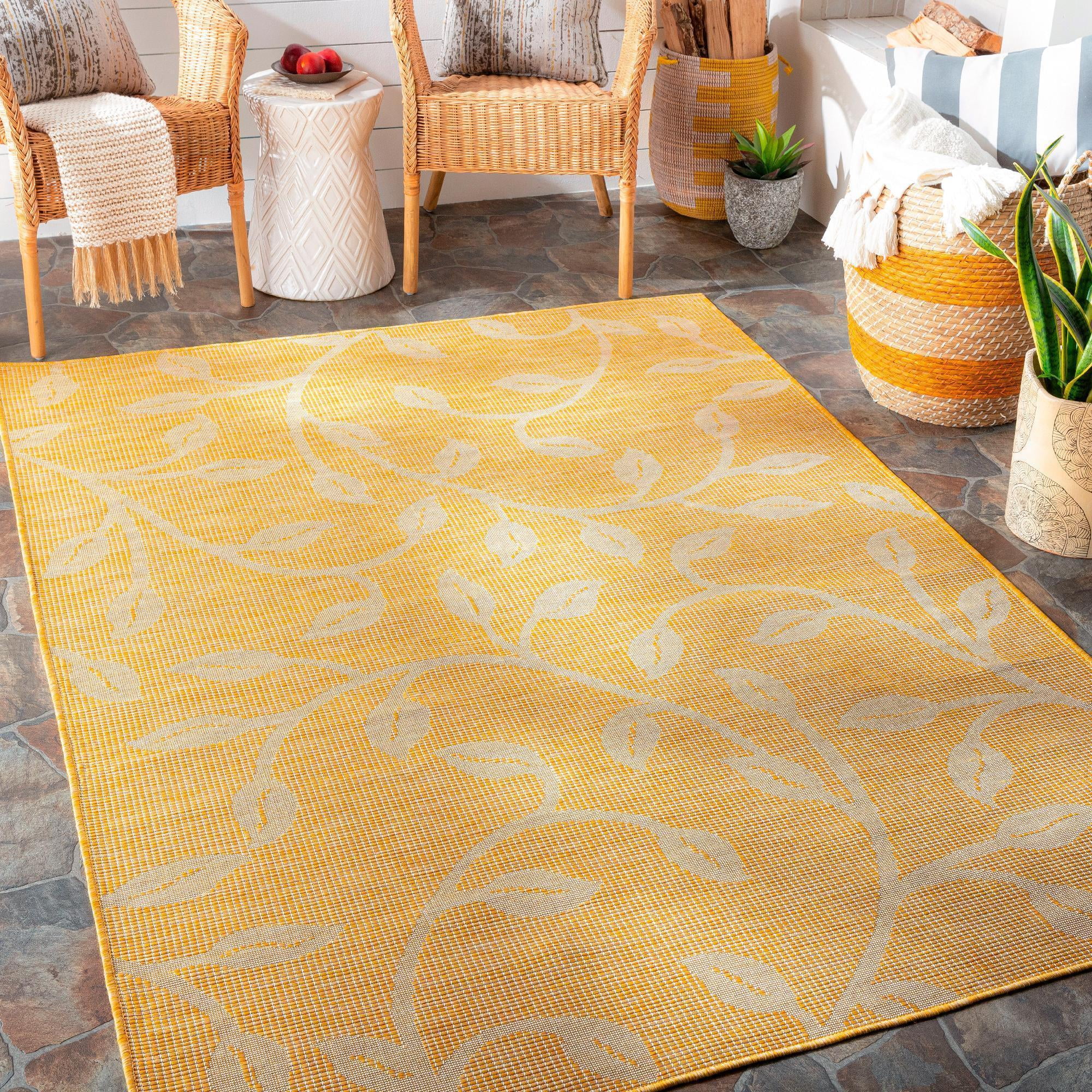 Bright Yellow Hand-Knotted Synthetic Fur Rectangular Rug 5'1" x 7'