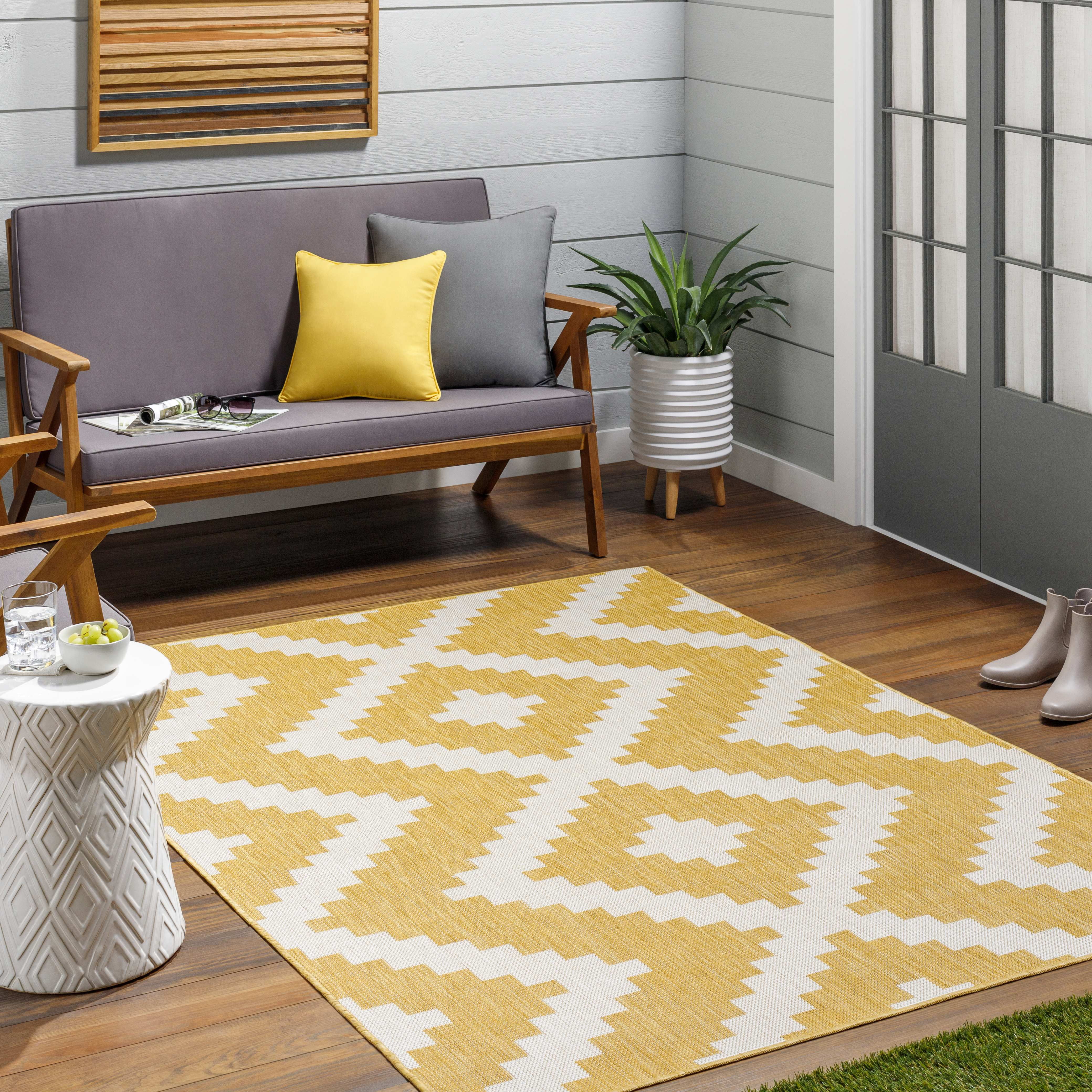 Mark&Day Outdoor Area Rugs, 5x7 Squaw Global Indoor/Outdoor Mustard Off ...