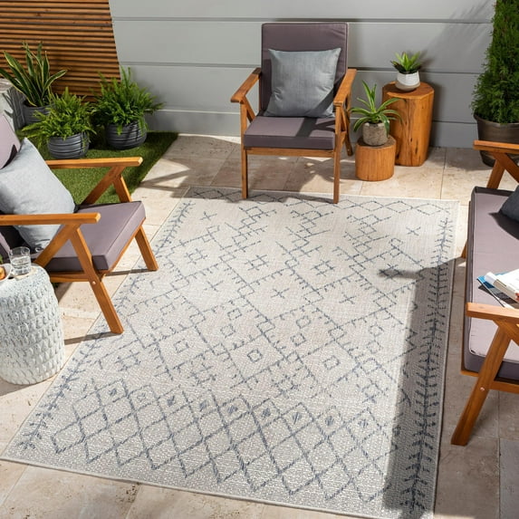 Mark&Day Outdoor Rugs, 5x7 Wijnaldum Global Indoor/Outdoor Navy Area Rug, Non Shedding Grey Blue Carpet for Patio, Porch, Deck, Bedroom, Living Room or Kitchen (5'3" x 7'7")