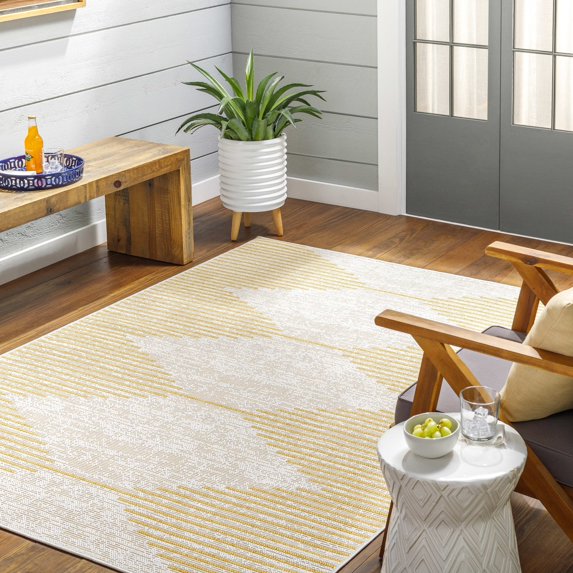 Mark&Day Outdoor Rugs, 7ft Round Okswerd Global Indoor/Outdoor Saffron/Gray Area Rug, Non Shedding Yellow Grey Carpet for Patio, Porch, Deck, Bedroom, Living Room or Kitchen (6'7" Round)