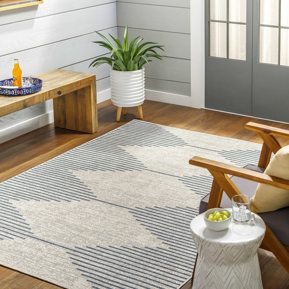 Mark&Day Outdoor Rugs, 7x7 Okswerd Global Indoor/Outdoor Navy/Gray Square Area Rug, Non Shedding Blue Grey Carpet for Patio, Porch, Deck, Bedroom, Living Room or Kitchen (6'7" Square)