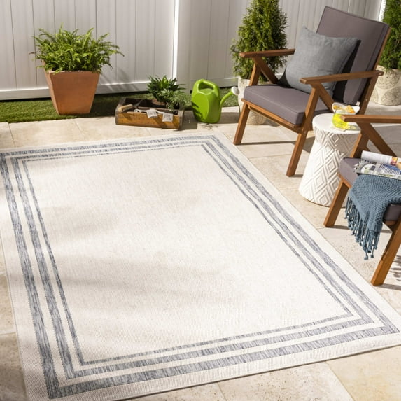 Mark&Day Outdoor Rugs, 6x9 Agency Cottage Indoor/Outdoor Ivory Area Rug, Non Shedding Ivory Blue Carpet for Patio, Porch, Deck, Bedroom, Living Room or Kitchen (6'7" x 9')