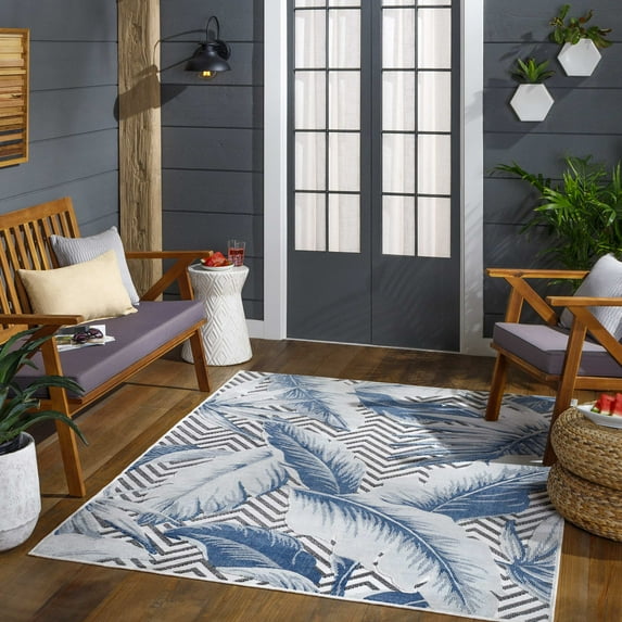 Mark&Day Outdoor Rugs, 6x9 Delhi Coastal Indoor/Outdoor Denim Area Rug, Non Shedding Blue Beige Carpet for Patio, Porch, Deck, Bedroom, Living Room or Kitchen (6'5" x 9')
