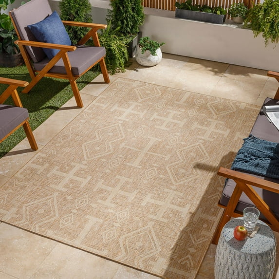 Mark&Day Outdoor Rugs, 6x9 Kamrar Global Indoor/Outdoor Brown Area Rug, Non Shedding Brown Cream Carpet for Patio, Porch, Deck, Bedroom, Living Room or Kitchen (6'7" x 9')