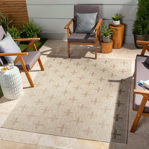 Mark&Day Outdoor Rugs, 7x9 Kiron Global Indoor/Outdoor Brown Area Rug, Non Shedding Pink Tan Cream Light Beige Carpet for Patio, Porch, Deck, Bedroom, Living Room or Kitchen (6'7" x 9')