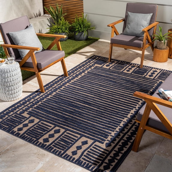 Mark&Day Outdoor Rugs, 6x9 Metochi Global Indoor/Outdoor Tan Area Rug, Non Shedding Brown Blue Carpet for Patio, Porch, Deck, Bedroom, Living Room or Kitchen (6'7" x 9')